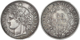 Cérès - 50 centimes 1851 A (Paris)

Argent - 2,52 grs - 18 mm
F.184-5 / G.411
SUP

Superbe exemplaire recouvert d'une patine grise.
