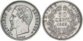 Napoléon III tête nue - 50 centimes 1853 A (Paris)

Argent - 2,52 grs - 18 mm
F.187-1 / G.414
SUP

Superbe exemplaire, nettoyage ancien (hairlines).