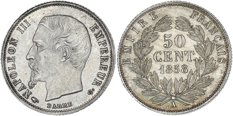 Napoléon III tête nue - 50 centimes 1858 A (Paris)

Argent - 2,51 grs - 18 mm
F....