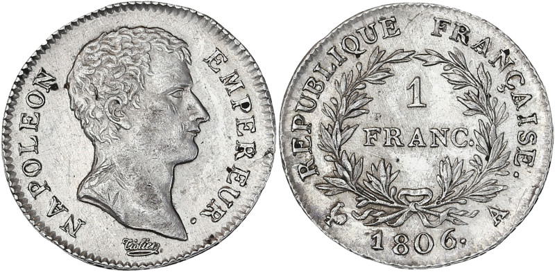 Napoléon Empereur tête nue - 1 franc 1806 A (Paris)

Argent - 5,01 grs - 23 mm
F...