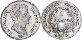 Napoléon Empereur tête nue - 1 franc 1806 A (Paris)

Argent - 5,01 grs - 23 mm
F.202-1 / G.444
TTB+

Superbe exemplaire nettoyé. Graffiti sur le cou d...