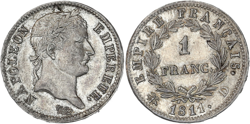 Napoléon Empereur tête laurée - 1 franc 1811 D (Lyon)

Argent - 4,97 grs - 23 mm...