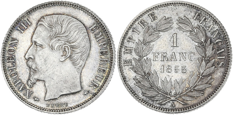 Napoléon III tête nue - 1 franc 1855 A (Paris)
Différents chien et main.

Argent...