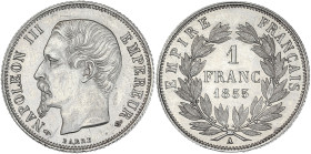 Napoléon III tête nue - 1 franc 1855 A (Paris)
Différents main et ancre.

Argent - 5,00 grs - 23 mm
F.214-4 / G.460
SUP

Rare et superbe exemplaire fo...