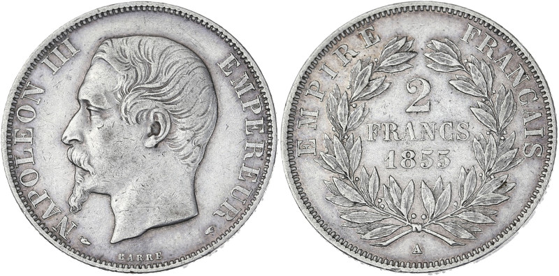 Napoléon III tête nue - 2 francs 1855 A (Paris)

Argent - 10,01 grs - 27 mm
F.26...