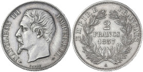 Napoléon III tête nue - 2 francs 1857 A (Paris)

Argent - 9,98 grs - 27 mm
F.262-9 / G.523
Pr. SUP

Type rare ! Exemplaire nettoyé.