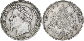 Napoléon III tête laurée - 2 francs 1866 A (Paris)

Argent - 10,12 grs - 27 mm
F.263-2 / G.527
SPL

Superbe exemplaire avec une magnifique patine gris...