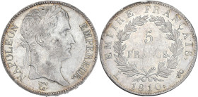 Napoléon Empereur tête laurée - 5 francs 1810 L (Bayonne)
L à gauche.

Argent - 24,97 grs - 37 mm
F.307-21 / G.584
SUP-

Rare ! Très bel exemplaire....