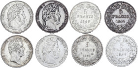 Lot 4 pièces 5 francs argent Louis-Philippe

Tête nue, avec I, tranche en creux :
1831 B (Rouen) - TTB+
Tête laurée :
1837 A (Paris) - SUP, fortement ...