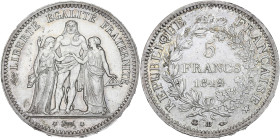 Hercule - 5 francs 1849 BB (Strasbourg)

Argent - 25,09 grs - 37 mm
F.326-6 / G.683
SUP

Superbe exemplaire nettoyé.