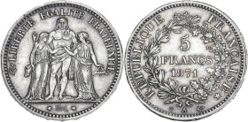 Hercule - 5 francs 1871 A (Paris) - Camélinat
Date écartée.

Argent - 25,10 grs - 37 mm
F.334-4 / G.744
TTB+

Rare ! Superbe exemplaire nettoyé. Trois...