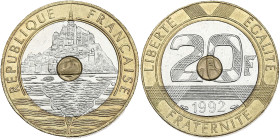 Mont Saint-Michel - 20 francs 1992
V ouvert et 4 séries de stries sur la tranche

Bimétallique - 9,03 grs - 27 mm
F.403-5 / G.871
TTB+

Rare !