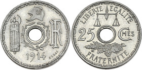 Concours de Becker, 2ème essai - ESSAI 25 centimes 1914
Petit module. Flan bruni.

Nickel - 3,03 grs - 19 mm
GEM.67.6
SUP à SPL

Rare en petit module....