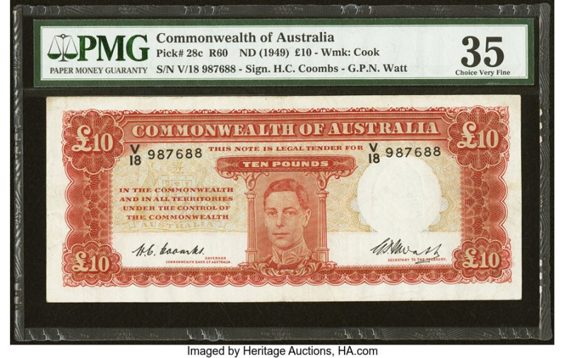 Australia Commonwealth Bank of Australia 10 Pounds ND (1949) Pick 28c R60 PMG Ch...