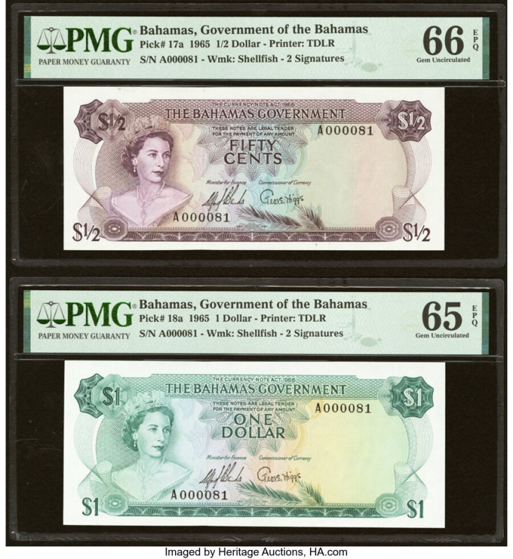 Low Serial Number 81 Pair Bahamas Bahamas Government 1/2; 1 Dollar 1965 Pick 17a...