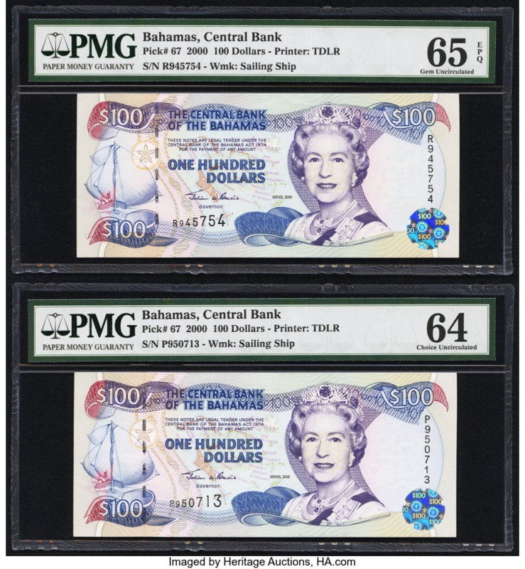 Bahamas Central Bank 100 Dollars 2000 Pick 67 Two Examples PMG Gem Uncirculated ...