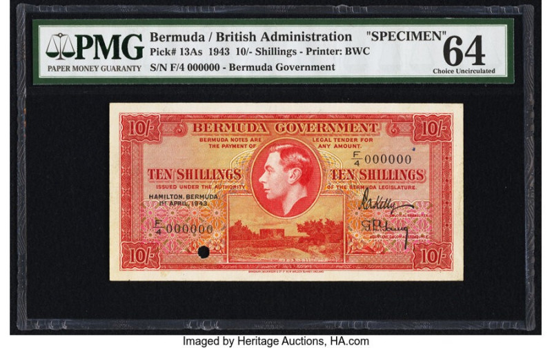 Bermuda Bermuda Government 10 Shillings 1.4.1943 Pick 13As Specimen PMG Choice U...