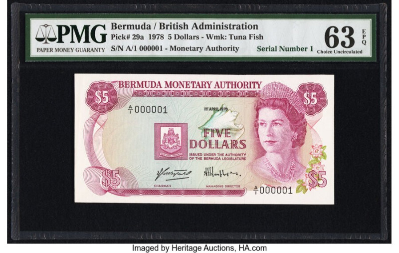 Low Serial Number 1 Bermuda Monetary Authority 5 Dollars 1.4.1978 Pick 29a PMG C...