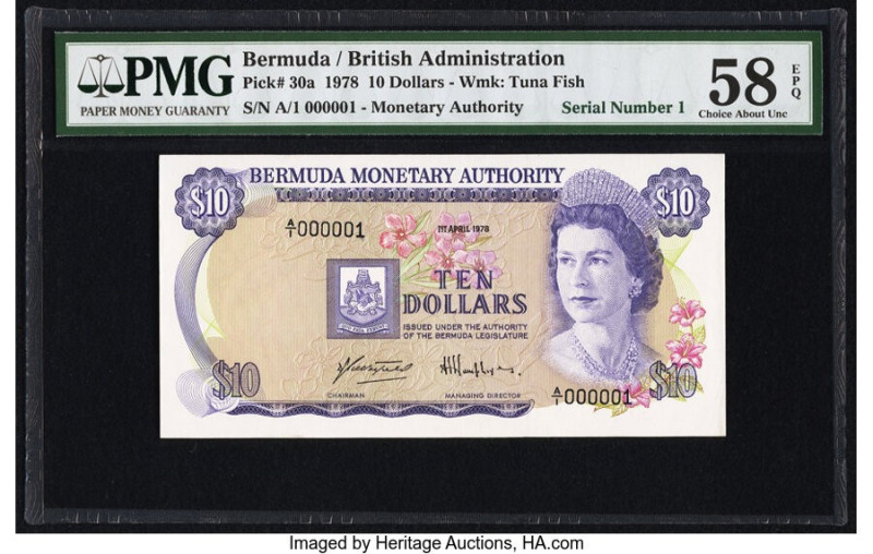 Low Serial Number 1 Bermuda Monetary Authority 10 Dollars 1.4.1978 Pick 30a PMG ...