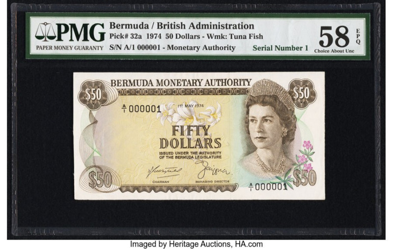 Low Serial Number 1 Bermuda Monetary Authority 50 Dollars 1.5.1974 Pick 32a PMG ...