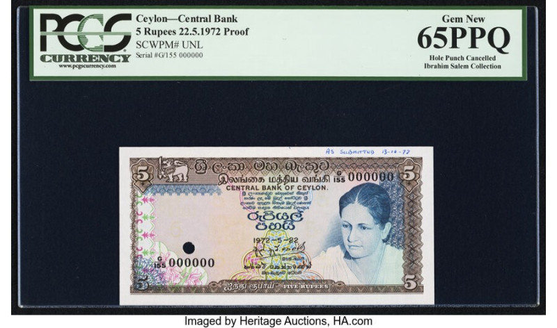 Ceylon Central Bank of Ceylon 5 Rupees 22.5.1972 Pick UNL Proof PCGS Gem New 65P...