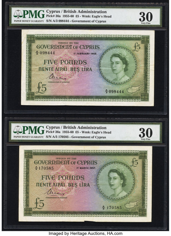 Cyprus Government of Cyprus 5 Pounds 1.2.1956; 1.3.1957 Pick 36a Two Examples PM...