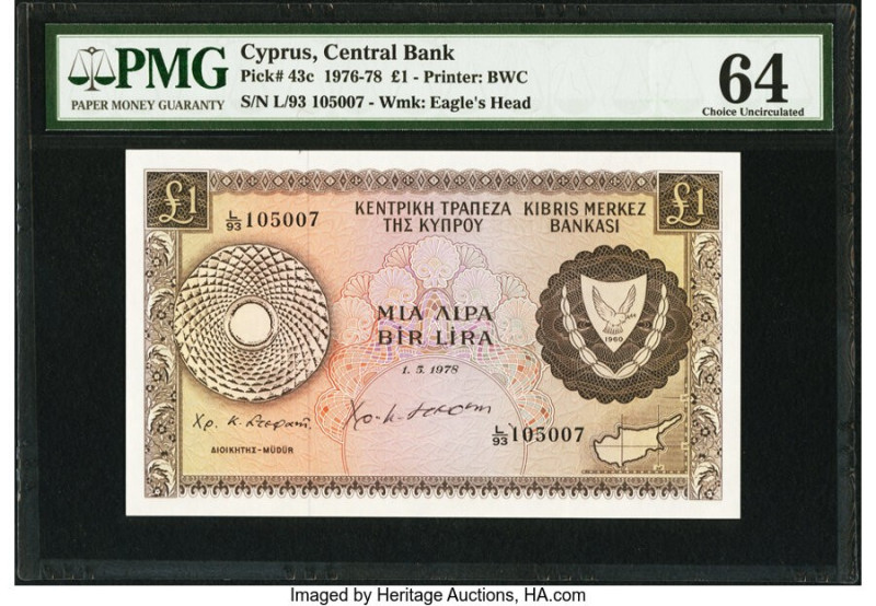 Courtesy Autographed Cyprus Central Bank of Cyprus 1 Pound 1.5.1978 Pick 43c PMG...