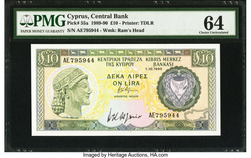 Courtesy Autographed Cyprus Central Bank of Cyprus 10 Pounds 1.10.1990 Pick 55a ...