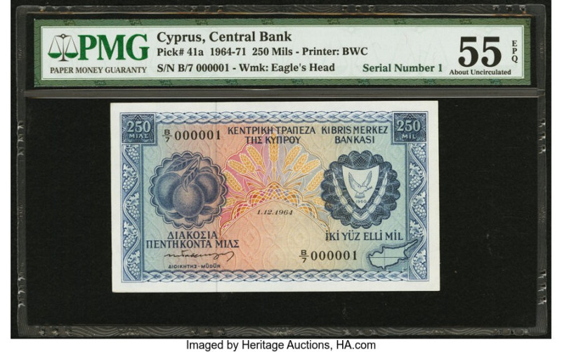 Serial Number 1 Cyprus Central Bank of Cyprus 250 Mils 1.12.1964 Pick 41a PMG Ab...