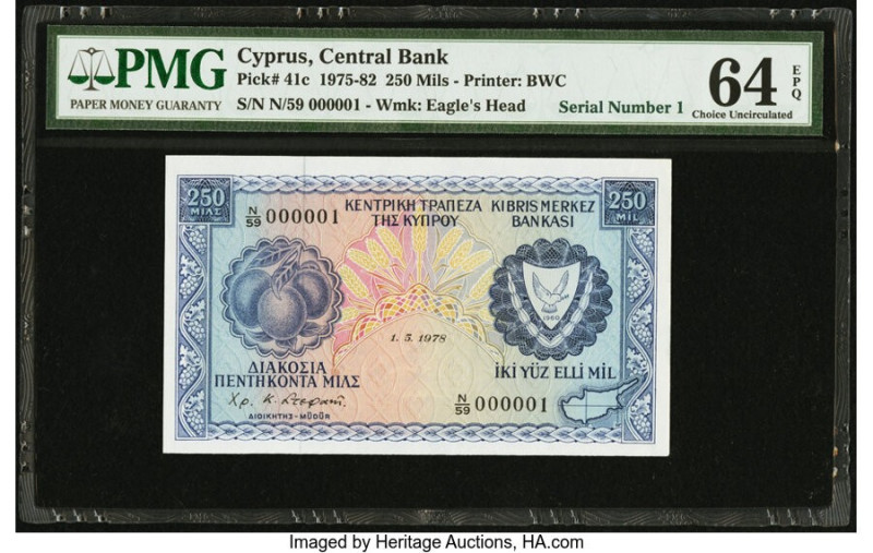 Serial Number 1 Cyprus Central Bank of Cyprus 250 Mils 1.5.1978 Pick 41c PMG Cho...