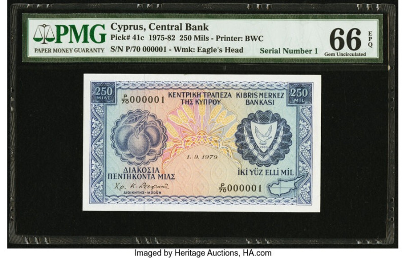 Serial Number 1 Cyprus Central Bank of Cyprus 250 Mils 1.9.1979 Pick 41c PMG Gem...