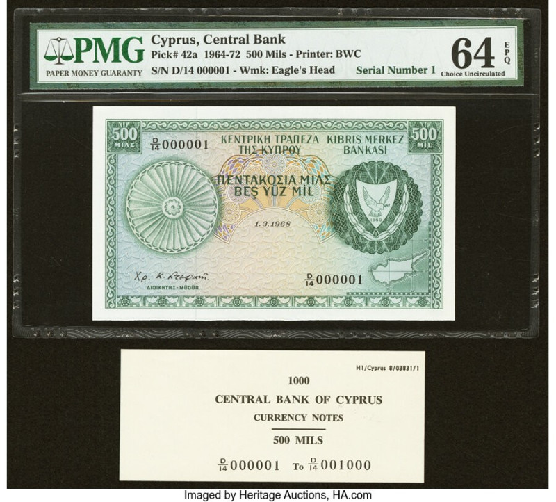 Serial Number 1 Cyprus Central Bank of Cyprus 500 Mils 1.3.1968 Pick 42a PMG Cho...