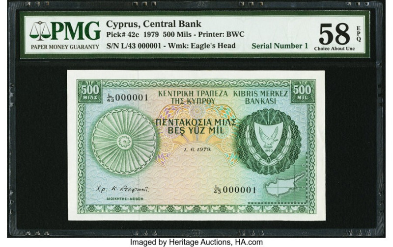 Serial Number 1 Cyprus Central Bank of Cyprus 500 Mils 1.6.1979 Pick 42c PMG Cho...