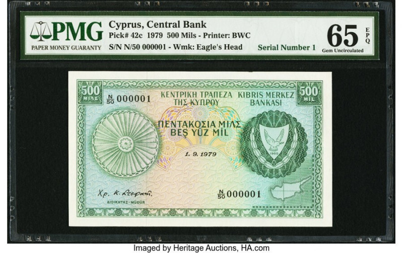 Serial Number 1 Cyprus Central Bank of Cyprus 500 Mils 1.9.1979 Pick 42c PMG Gem...