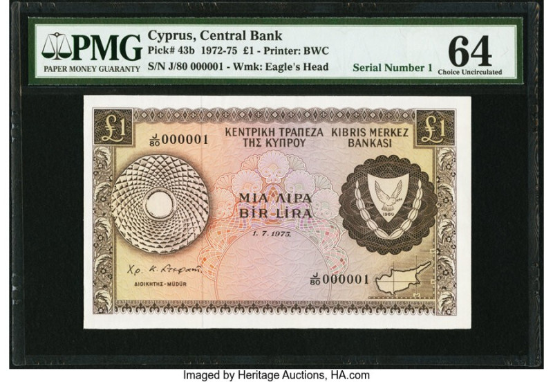 Serial Number 1 Cyprus Central Bank of Cyprus 1 Pound 1.7.1975 Pick 43b PMG Choi...