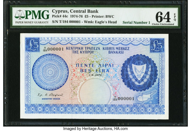 Serial Number 1 Cyprus Central Bank of Cyprus 5 Pounds 1.8.1976 Pick 44c PMG Cho...