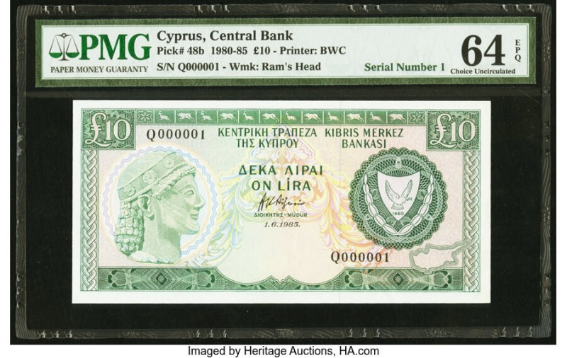 Serial Number 1 Cyprus Central Bank of Cyprus 10 Pounds 1.6.1985 Pick 48b PMG Ch...