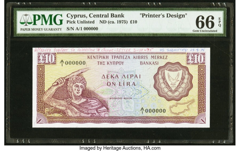 Cyprus Central Bank of Cyprus 10 Pounds ND (ca. 1975) Pick UNL Printer's Design ...