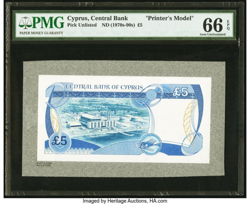 Cyprus Central Bank of Cyprus 5 Pounds ND (1970s-90s) Pick UNL Back Printer's Mo...