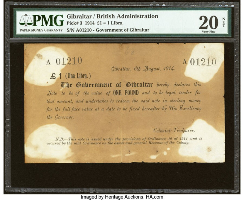 Gibraltar Government of Gibraltar 1 Pound = 1 Libra 6.8.1914 Pick 3 PMG Very Fin...