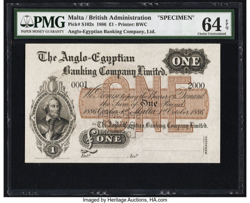 Malta Anglo-Egyptian Banking Company, Ltd. 1 Pound 1.10.1886 Pick S102s Specimen...