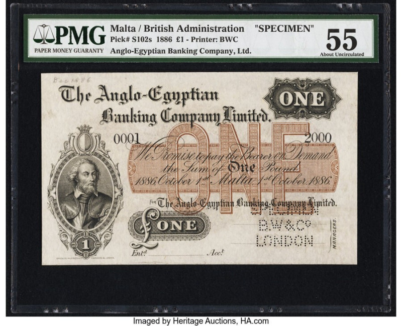 Malta Anglo-Egyptian Banking Company, Ltd. 1 Pound 1.10.1886 Pick S102s Specimen...