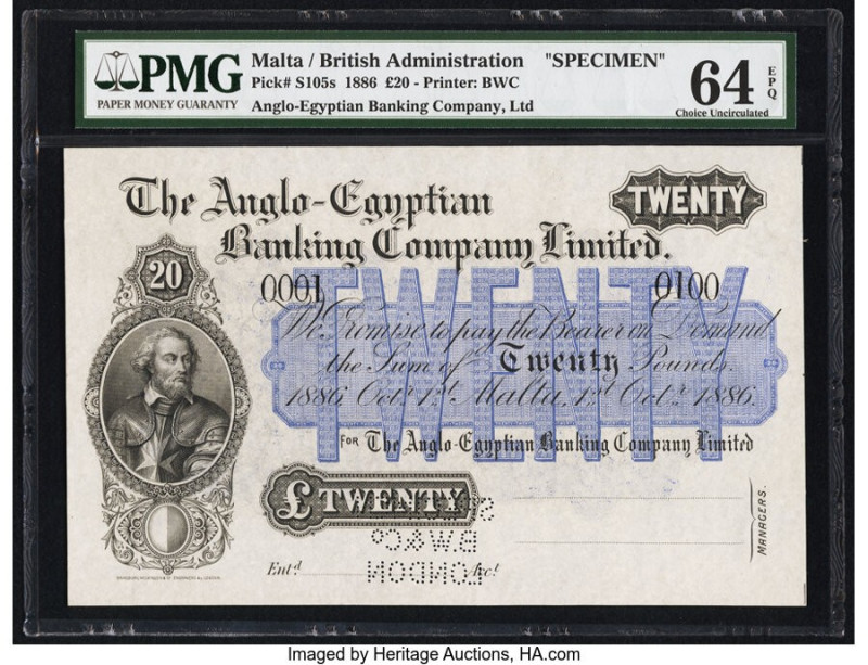 Malta Anglo-Egyptian Banking Company, Ltd. 20 Pounds 1.10.1886 Pick S105s Specim...