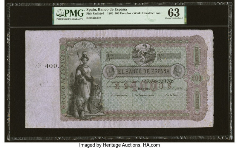 Spain Banco de Espana 400 Escudos 1.1.1866 Pick UNL Remainder PMG Choice Uncircu...