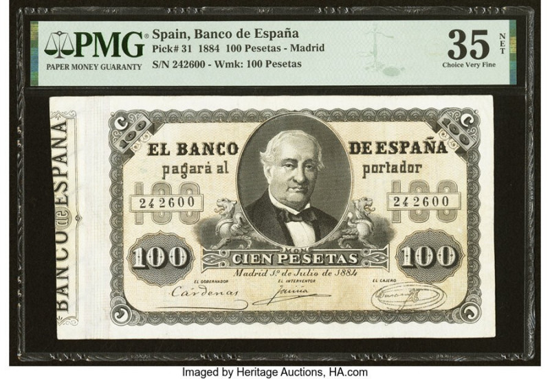 Spain Banco de Espana 100 Pesetas 1.7.1884 Pick 31 PMG Choice Very Fine 35 Net. ...