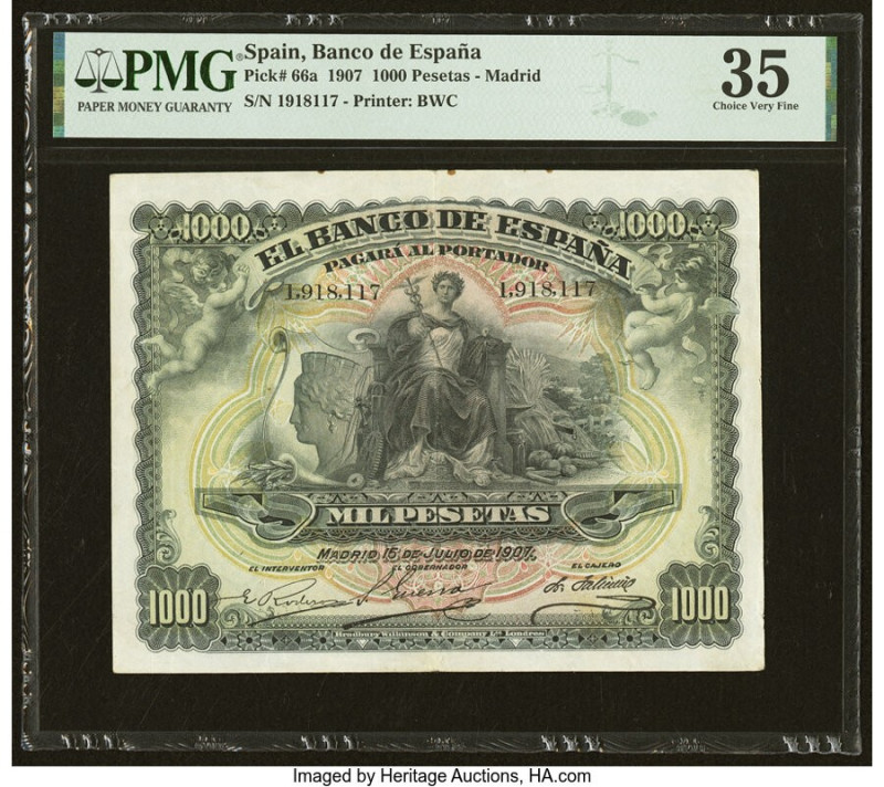 Spain Banco de Espana 1000 Pesetas 15.7.1907 Pick 66a PMG Choice Very Fine 35. V...