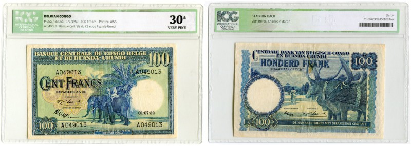 BANKNOTEN. Belgien. Banque Centrale du Congo Belge et du Ruanda-Urundi. 100 Fran...