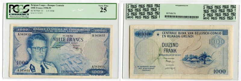 BANKNOTEN. Belgien. Banque Centrale du Congo Belge et du Ruanda-Urundi. 1000 Fra...
