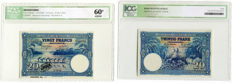 BANKNOTEN. Belgien. Banque du Congo Belge. 20 Francs 1940, 10. September. Specim...