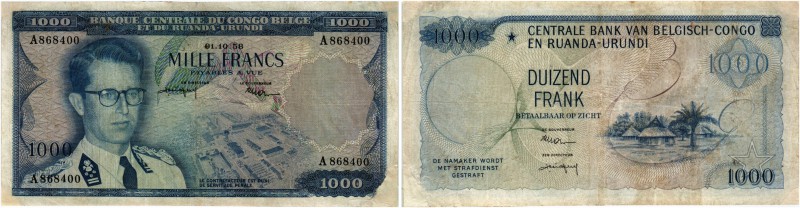 BANKNOTEN. Belgien. 1000 Francs 1958, 1. Oktober. Pick 35. Leicht geglättet / Sl...